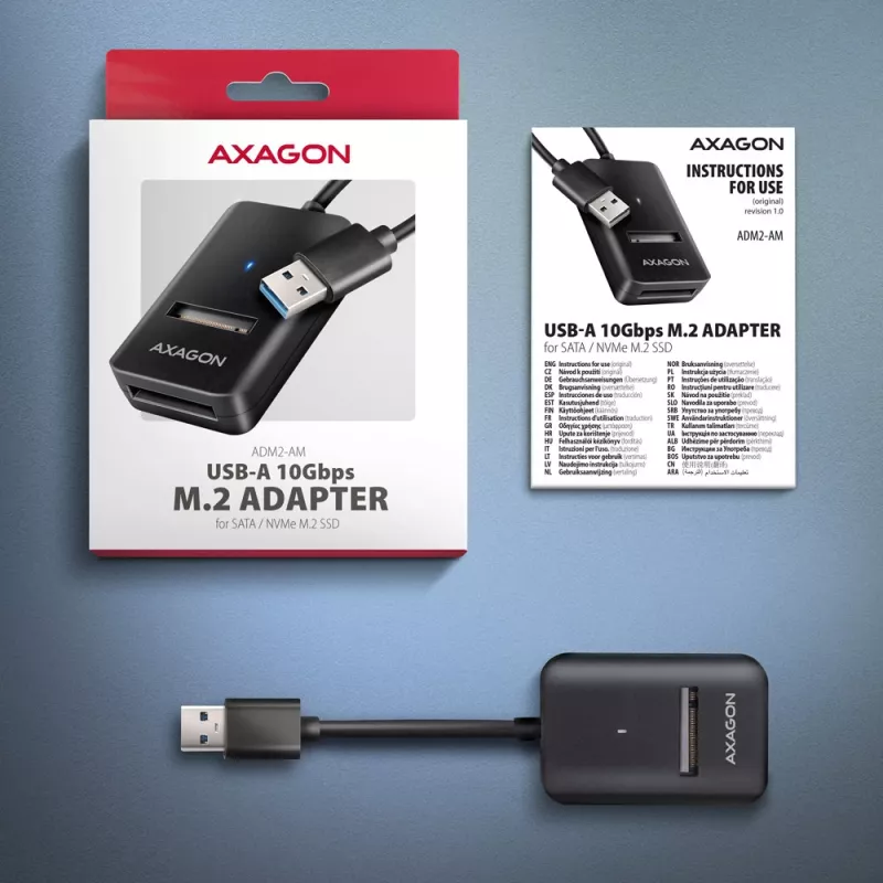 Case per SSD AXAGON ADM2-AM USB-A 10 Gbit/s per singola unità M.2 NVMe/SATA, USB 3.2 Gen 2, cavo 10 cm, nero