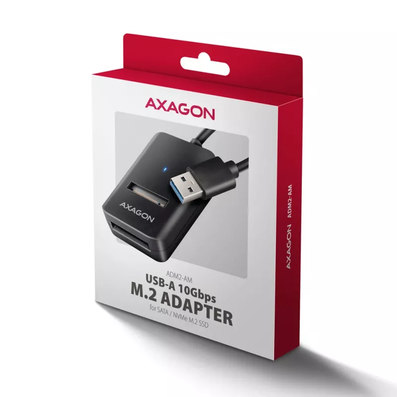 Case per SSD AXAGON ADM2-AM USB-A 10 Gbit/s per singola unità M.2 NVMe/SATA, USB 3.2 Gen 2, cavo 10 cm, nero