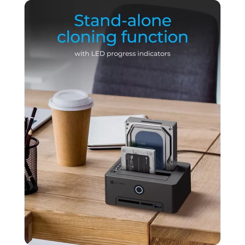 ICY BOX IB-1233CL-CR docking station e stazione di clonazione a 2 alloggiamenti per SSD/HDD da 2,5/3,5 pollici, lettore di schede CF/SD, hub USB-A, USB 3.2 Gen 1, nera