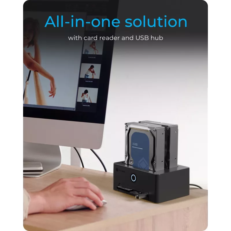ICY BOX IB-1233CL-CR docking station e stazione di clonazione a 2 alloggiamenti per SSD/HDD da 2,5/3,5 pollici, lettore di schede CF/SD, hub USB-A, USB 3.2 Gen 1, nera