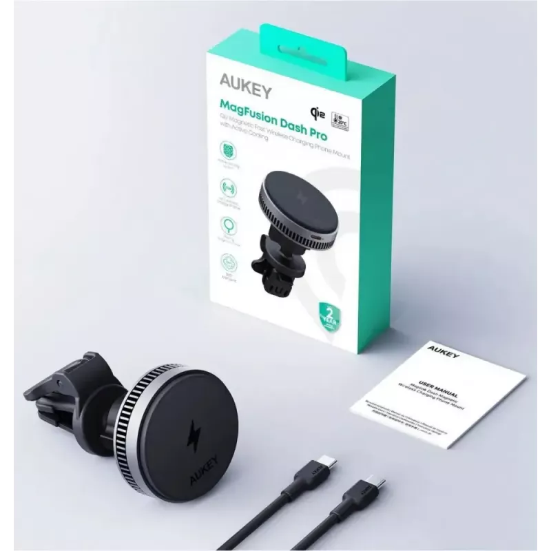 Aukey Mag Fusion Dash Pro HD-MC13A Qi2 15 W supporto auto con caricatore wireless e raffreddamento