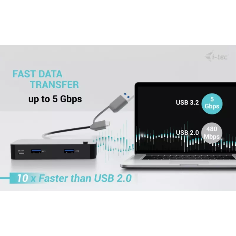 Hub KVM universale i-tec 2x USB-C 2x USB-A 3.0 5000 Mbit/s nero