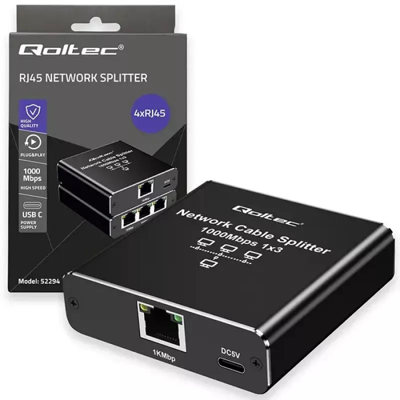 Splitter Ethernet QOLTEC 52294 1x3 RJ45 con ingresso alimentazione USB-C