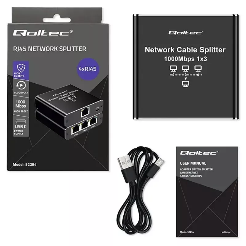 Splitter Ethernet QOLTEC 52294 1x3 RJ45 con ingresso alimentazione USB-C