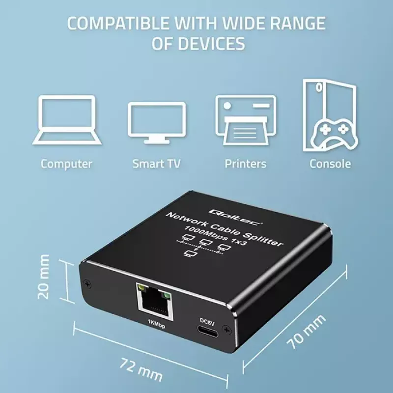 Splitter Ethernet QOLTEC 52294 1x3 RJ45 con ingresso alimentazione USB-C