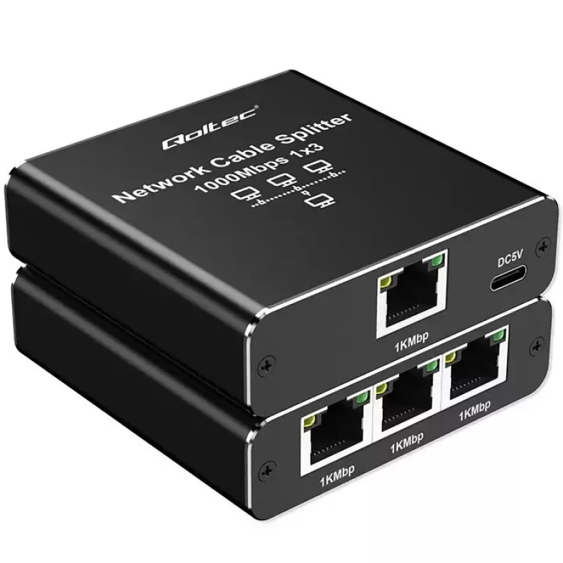 Splitter Ethernet QOLTEC 52294 1x3 RJ45 con ingresso alimentazione USB-C