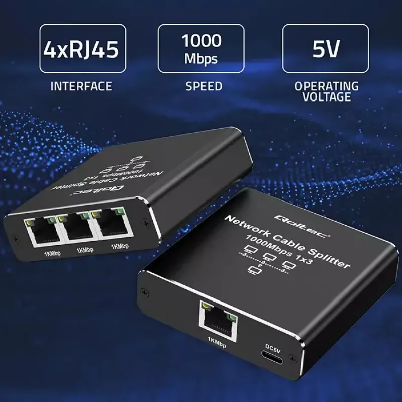 Splitter Ethernet QOLTEC 52294 1x3 RJ45 con ingresso alimentazione USB-C