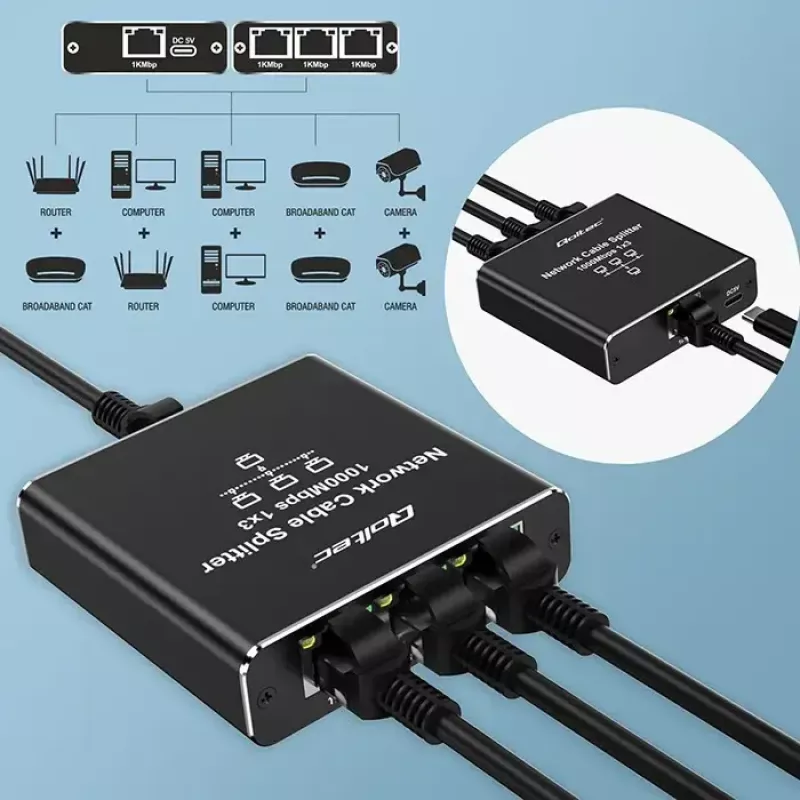 Splitter Ethernet QOLTEC 52294 1x3 RJ45 con ingresso alimentazione USB-C