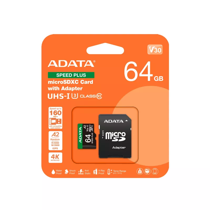 Scheda microSDXC ADATA Speed Plus 64 GB UHS Classe 3 modello UD64GUI3V30A2SP-RA1