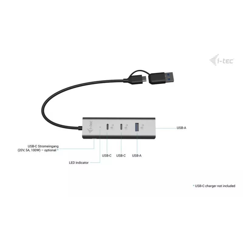 i-tec Metal Universal Charging HUB 2xUSB-C + 2x porta USB-A + Power Delivery 85W