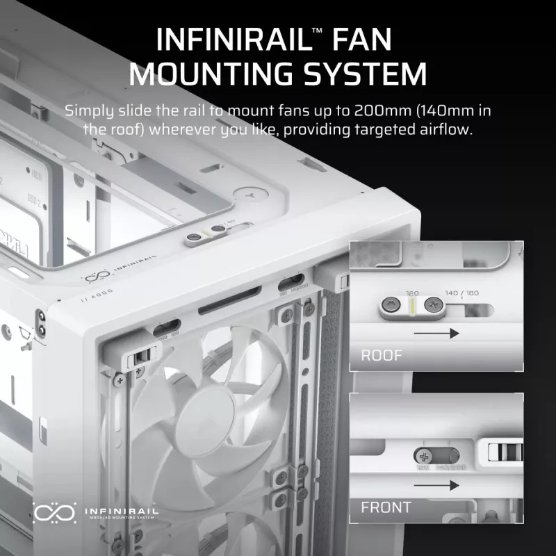 Case PC CORSAIR FRAME 4000D RS Midi Tower bianco — ATX, vetro temperato, 3 ventole frontali da 120mm, supporta radiatori 360/240/140mm