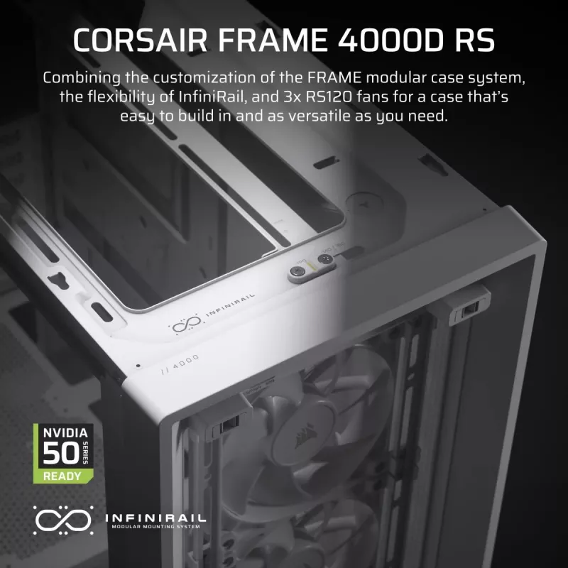 Case PC CORSAIR FRAME 4000D RS Midi Tower bianco — ATX, vetro temperato, 3 ventole frontali da 120mm, supporta radiatori 360/240/140mm