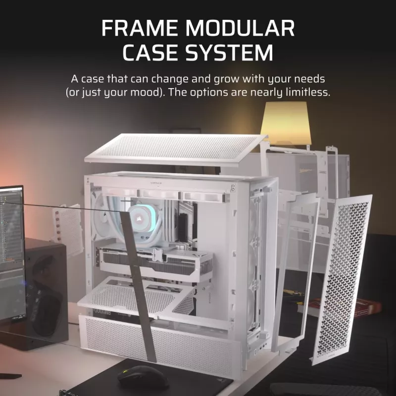 Case PC CORSAIR FRAME 4000D RS Midi Tower bianco — ATX, vetro temperato, 3 ventole frontali da 120mm, supporta radiatori 360/240/140mm