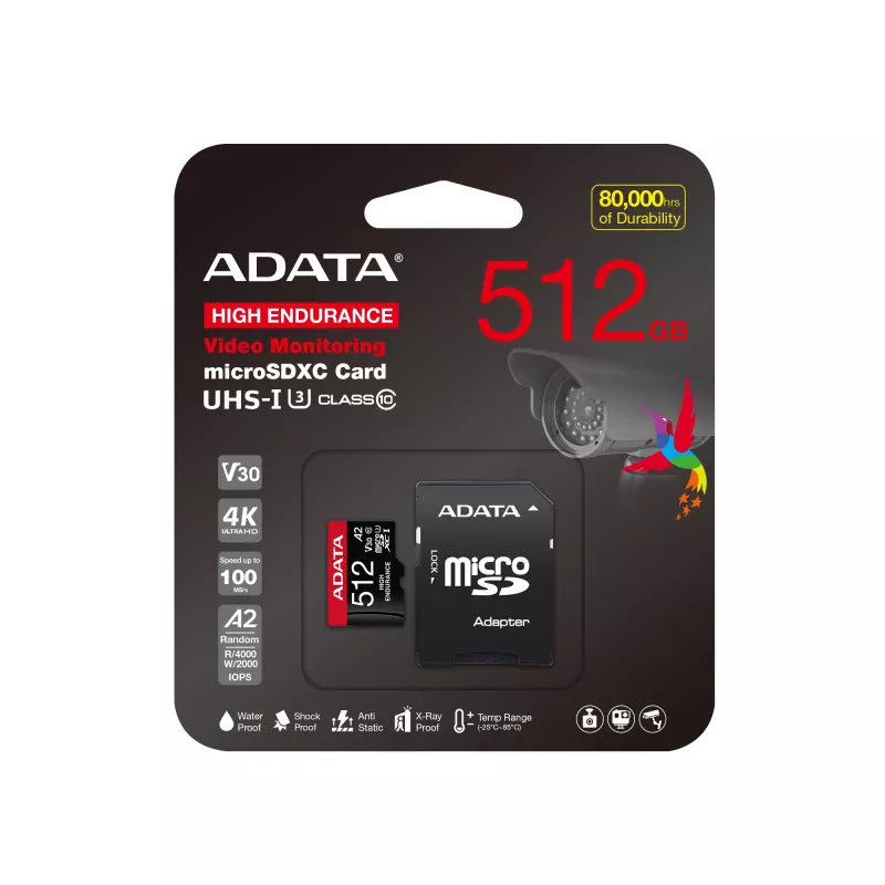 Scheda di memoria microSDXC ADATA 512GB UHS‑I U3 V30 Classe 10 A2, 100/85 MB/s, impermeabile