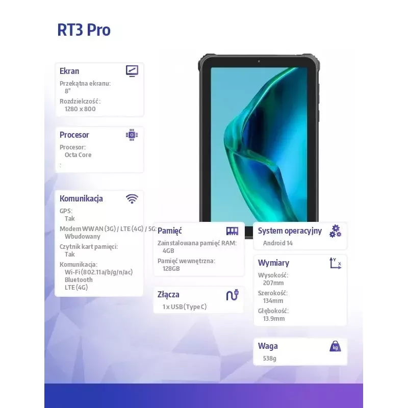 Oukitel RT3 Pro 4G tablet robusto da 8 pollici, 4 GB RAM, 128 GB, verde