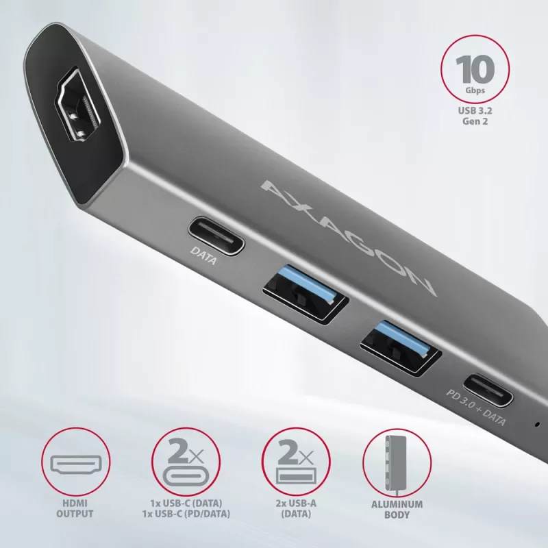 Hub USB Axagon HMC-5G21 10Gbps, 2x USB-A, 2x USB-C, HDMI 4k/30Hz, PD 60W, cavo USB-C