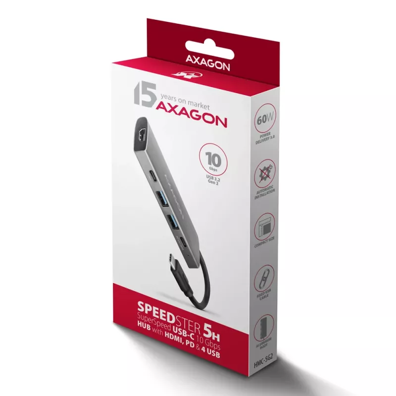 Hub USB Axagon HMC-5G21 10Gbps, 2x USB-A, 2x USB-C, HDMI 4k/30Hz, PD 60W, cavo USB-C