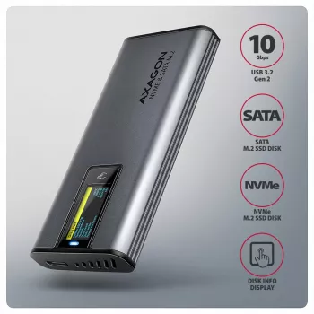 Axagon EEM2-SD2 USB-C 10Gbps - box DISPLAY per M.2 NVMe e SATA SSD