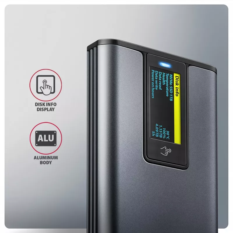 Axagon EEM2-SD2 USB-C 10Gbps - box DISPLAY per M.2 NVMe e SATA SSD