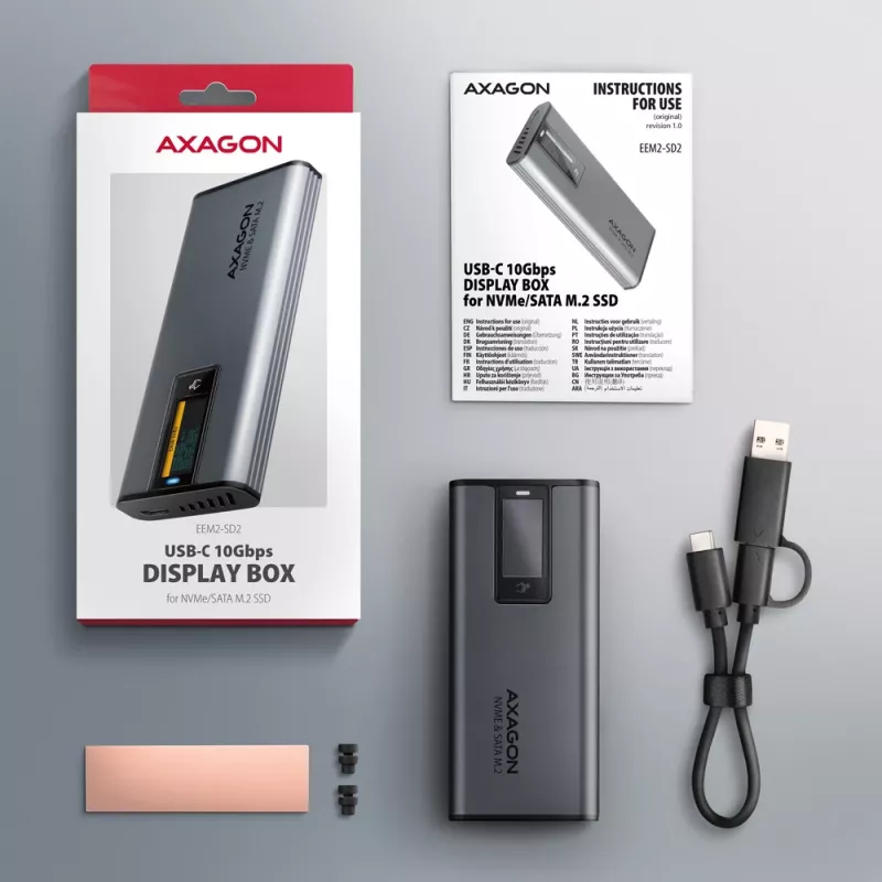 Axagon EEM2-SD2 USB-C 10Gbps - box DISPLAY per M.2 NVMe e SATA SSD