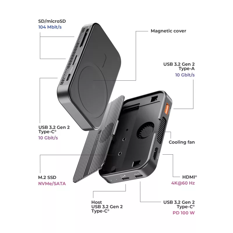 ICY BOX IB-DK4071M-CU31 docking station 7-in-1 con box per SSD M.2 NVMe/SATA, USB 3.2 Gen 2 Type-C, HDMI 4K@60Hz, PD 3.0 100W, SD/microSD, magnetica, antracite
