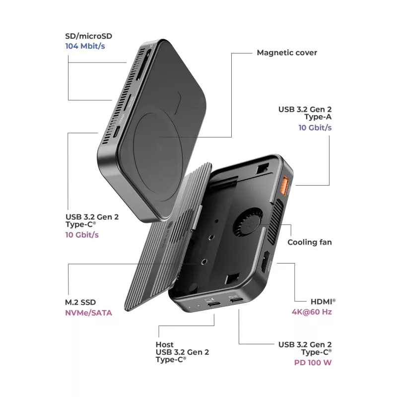 ICY BOX IB-DK4071M-CU31 docking station 7-in-1 con box per SSD M.2 NVMe/SATA, USB 3.2 Gen 2 Type-C, HDMI 4K@60Hz, PD 3.0 100W, SD/microSD, magnetica, antracite