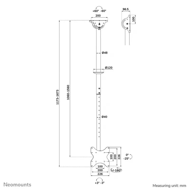 Supporto da soffitto Neomounts CL35-340BL12 peso massimo 50 kg per schermi 23–42