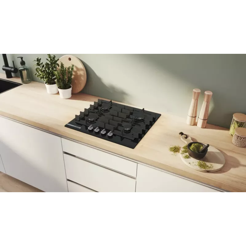 Piano cottura a gas da incasso Bosch PRP6A6H40 — 60 cm, nero, 4 bruciatori, manopole frontali