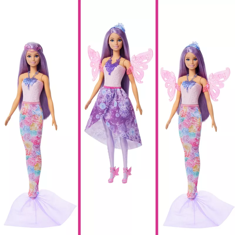 Bambola Barbie set moda fantasy con accessori, tra cui coda da sirena, ali da fata e collane