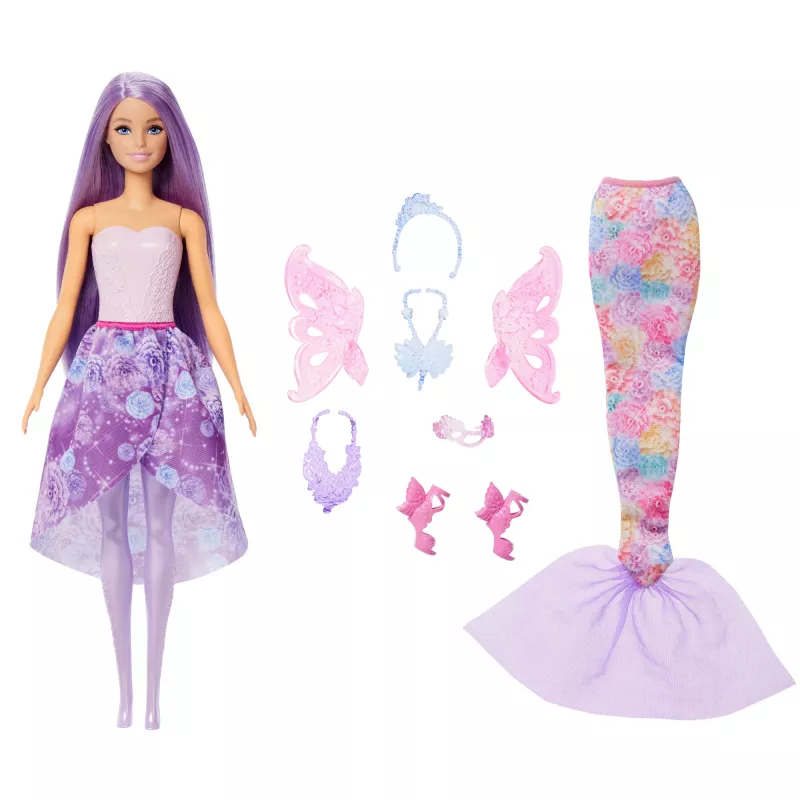 Bambola Barbie set moda fantasy con accessori, tra cui coda da sirena, ali da fata e collane