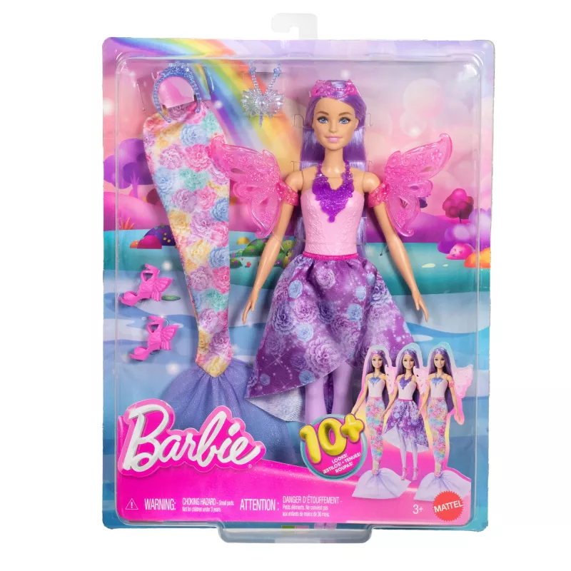 Bambola Barbie set moda fantasy con accessori, tra cui coda da sirena, ali da fata e collane