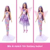 Bambola Barbie set moda fantasy con accessori, tra cui coda da sirena, ali da fata e collane