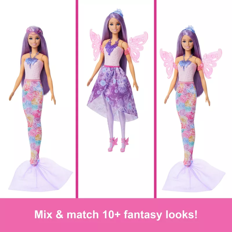 Bambola Barbie set moda fantasy con accessori, tra cui coda da sirena, ali da fata e collane