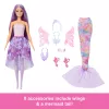 Bambola Barbie set moda fantasy con accessori, tra cui coda da sirena, ali da fata e collane