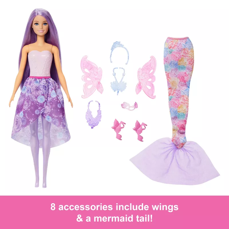 Bambola Barbie set moda fantasy con accessori, tra cui coda da sirena, ali da fata e collane