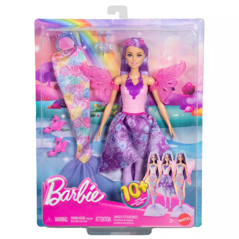 Bambola Barbie set moda fantasy con accessori, tra cui coda da sirena, ali da fata e collane