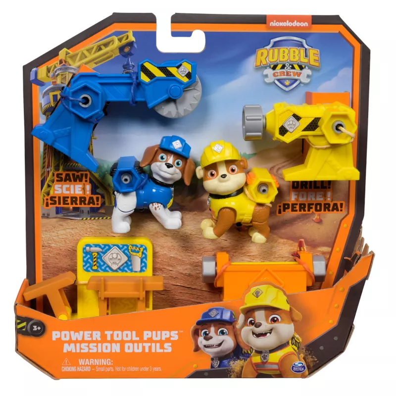 Set di personaggi Usorteret Rubble & Wheeler Power Tool Pups con 2 attrezzi e 2 accessori da costruzione, dai 3 anni