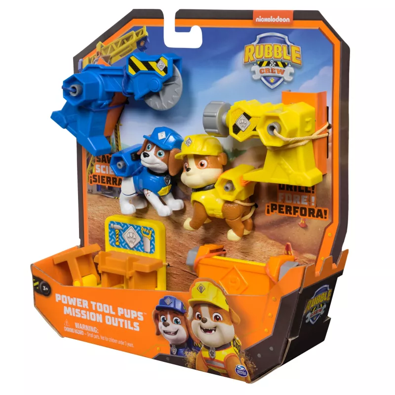 Set di personaggi Usorteret Rubble & Wheeler Power Tool Pups con 2 attrezzi e 2 accessori da costruzione, dai 3 anni