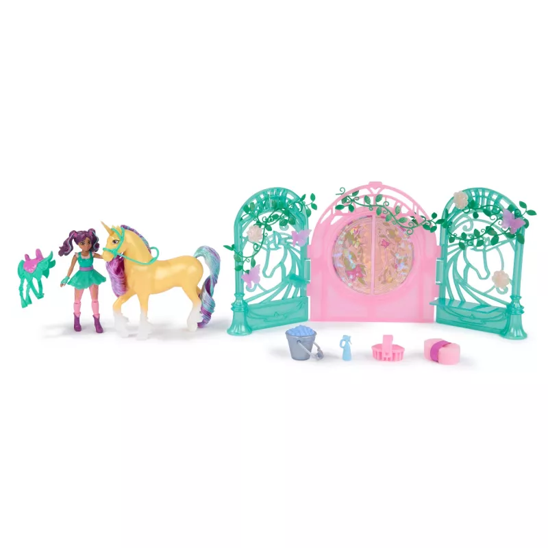 Unicorn Academy, set di gioco con bambola Ava e stalla foglia che cambia colore, idea regalo di Pasqua, 15 accessori, bambole e giocattoli unicorno per bambine dai 4 anni