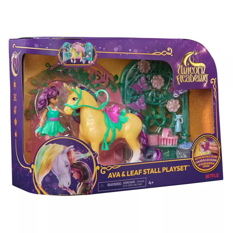 Unicorn Academy, set di gioco con bambola Ava e stalla foglia che cambia colore, idea regalo di Pasqua, 15 accessori, bambole e giocattoli unicorno per bambine dai 4 anni