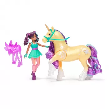 Unicorn Academy, Ava e foglia magica della pianta con effetto luminoso, 2 accessori per cavalcare, bambole e giocattoli unicorno per bambine dai 4 anni