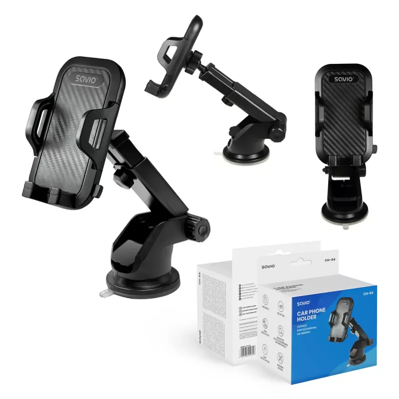 Savio CH-04 supporto telefono per auto, montaggio su parabrezza/cruscotto, nero