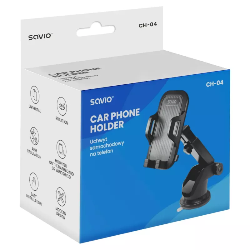 Savio CH-04 supporto telefono per auto, montaggio su parabrezza/cruscotto, nero