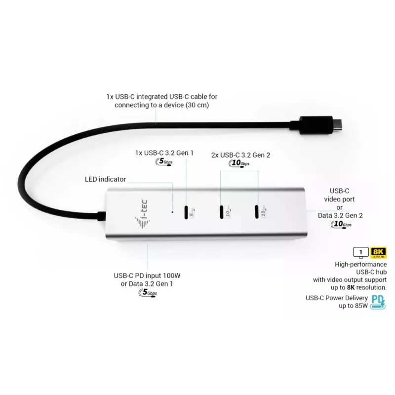 Hub di ricarica USB-C i-tec Metal 5 porte con video USB-C 8K + Power Delivery 85W