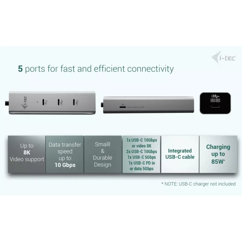 Hub di ricarica USB-C i-tec Metal 5 porte con video USB-C 8K + Power Delivery 85W