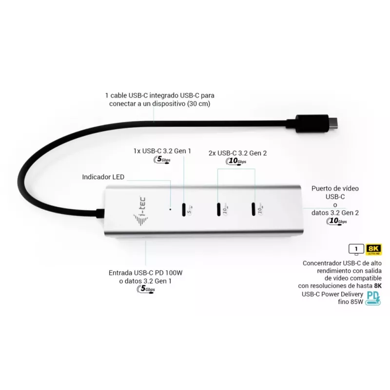 Hub di ricarica USB-C i-tec Metal 5 porte con video USB-C 8K + Power Delivery 85W