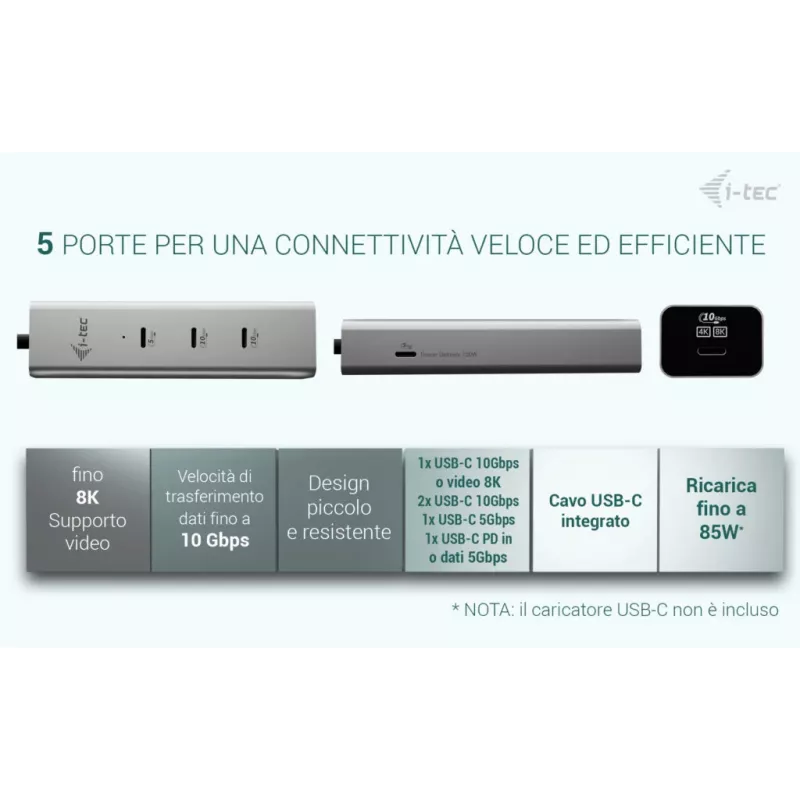 Hub di ricarica USB-C i-tec Metal 5 porte con video USB-C 8K + Power Delivery 85W