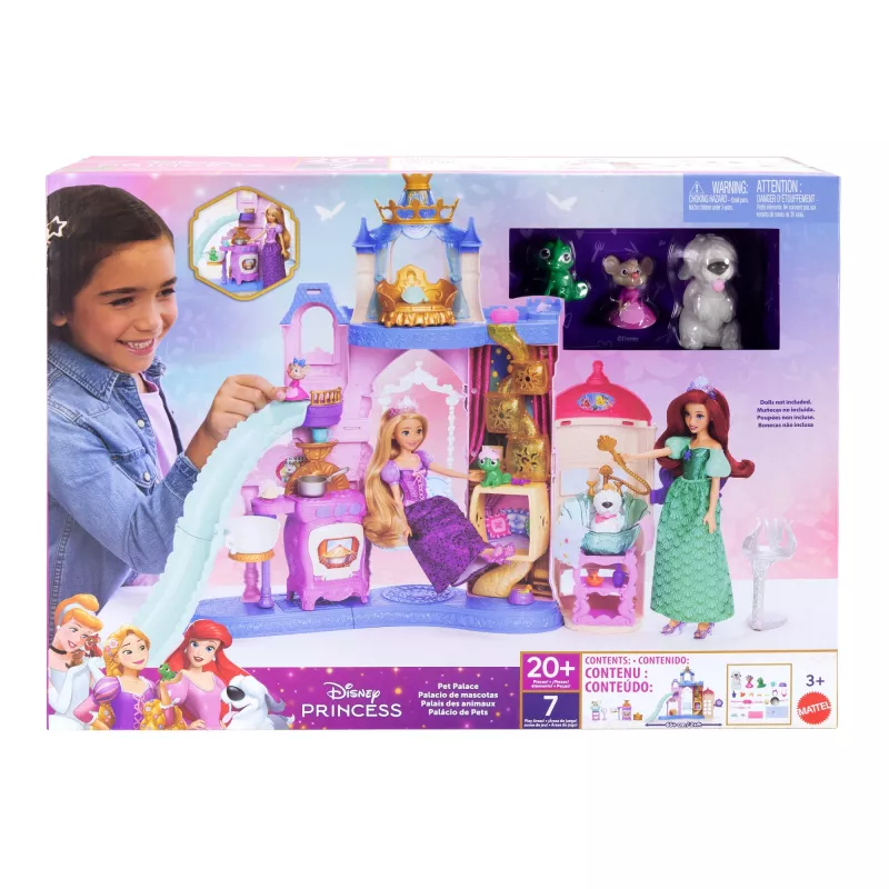 Disney Princess Pet Palace set di gioco con 7 aree di gioco, 3 amici animali e oltre 20 mobili e accessori