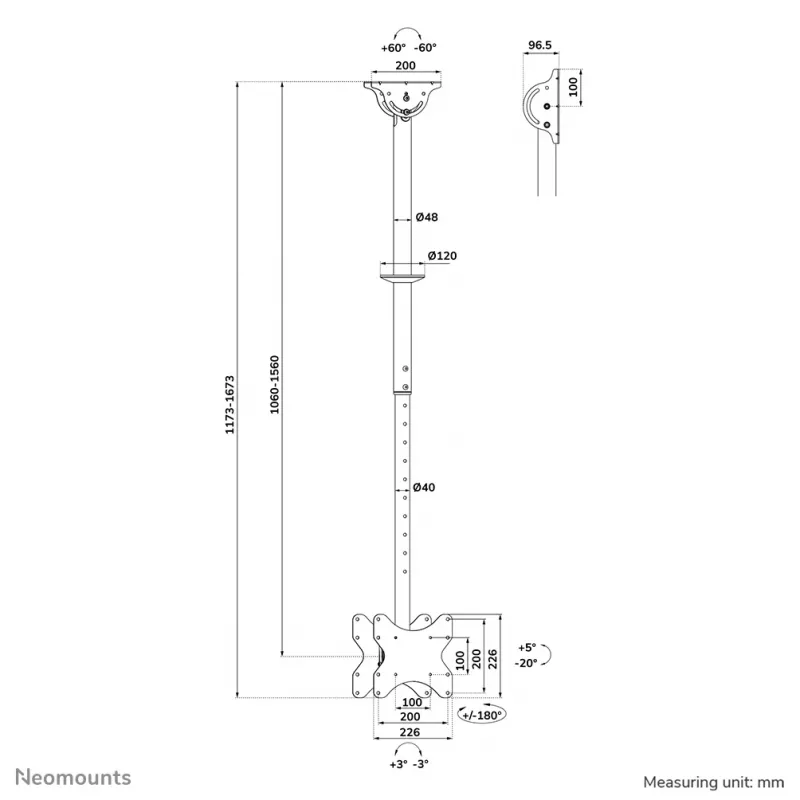 Supporto da soffitto per TV Neomounts CL35-340BL22 peso max 45 kg 23-42 pollici