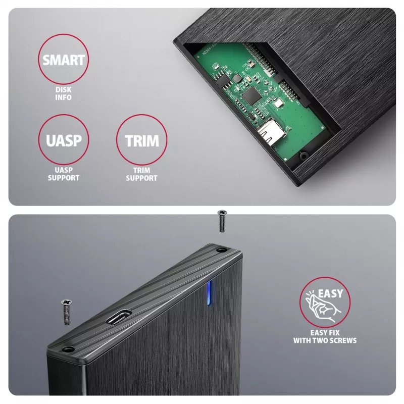 Axagon EE25-XA6C box esterno compatto in alluminio USB-C 5 Gbit/s – SATA 6G per SSD/HDD da 2,5